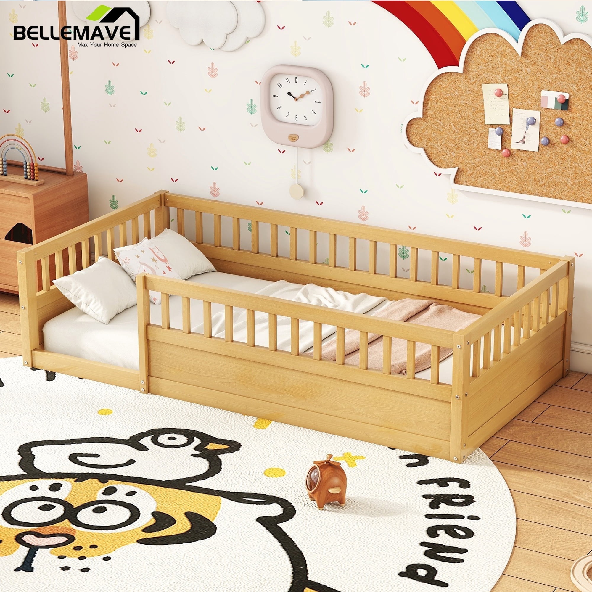 Bellemave Twin Size Floor Bed with High Fence Guardrails  Floor Bed without Door and Slats Twin Wooden Floor Bed Montessori Bed Frame (Twin, Natural, Without Door)