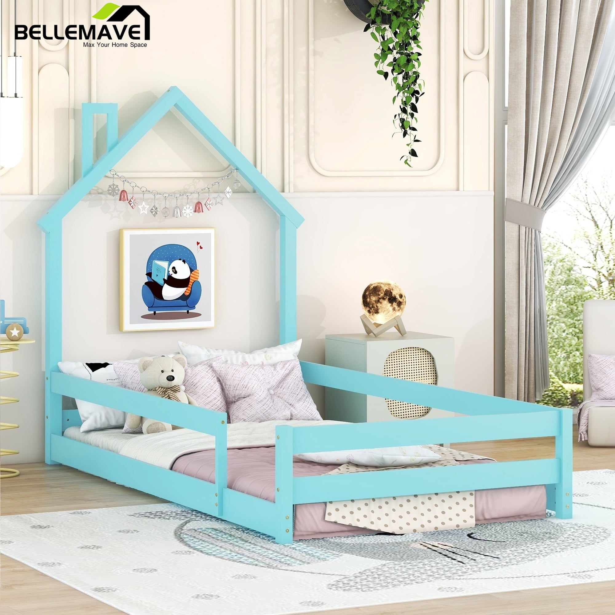 Bellemave Twin Size Floor Bed with Houseshaped Headboard and Fence