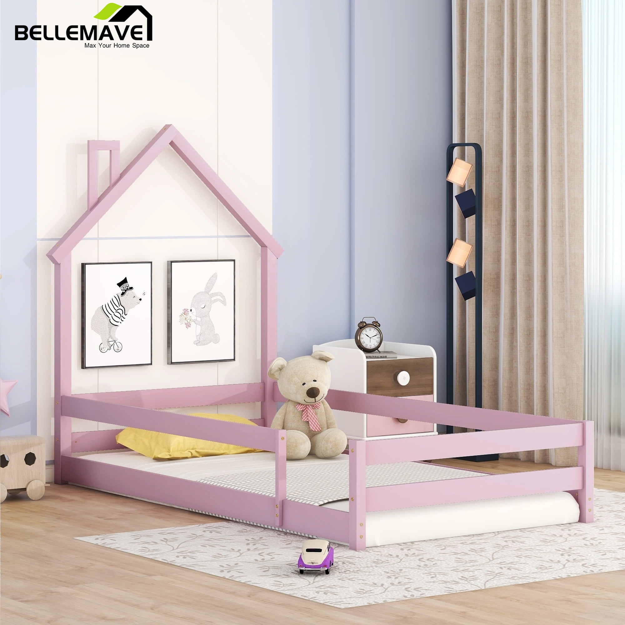 Bellemave Twin Size Floor Bed with Houseshaped Headboard and Fence
