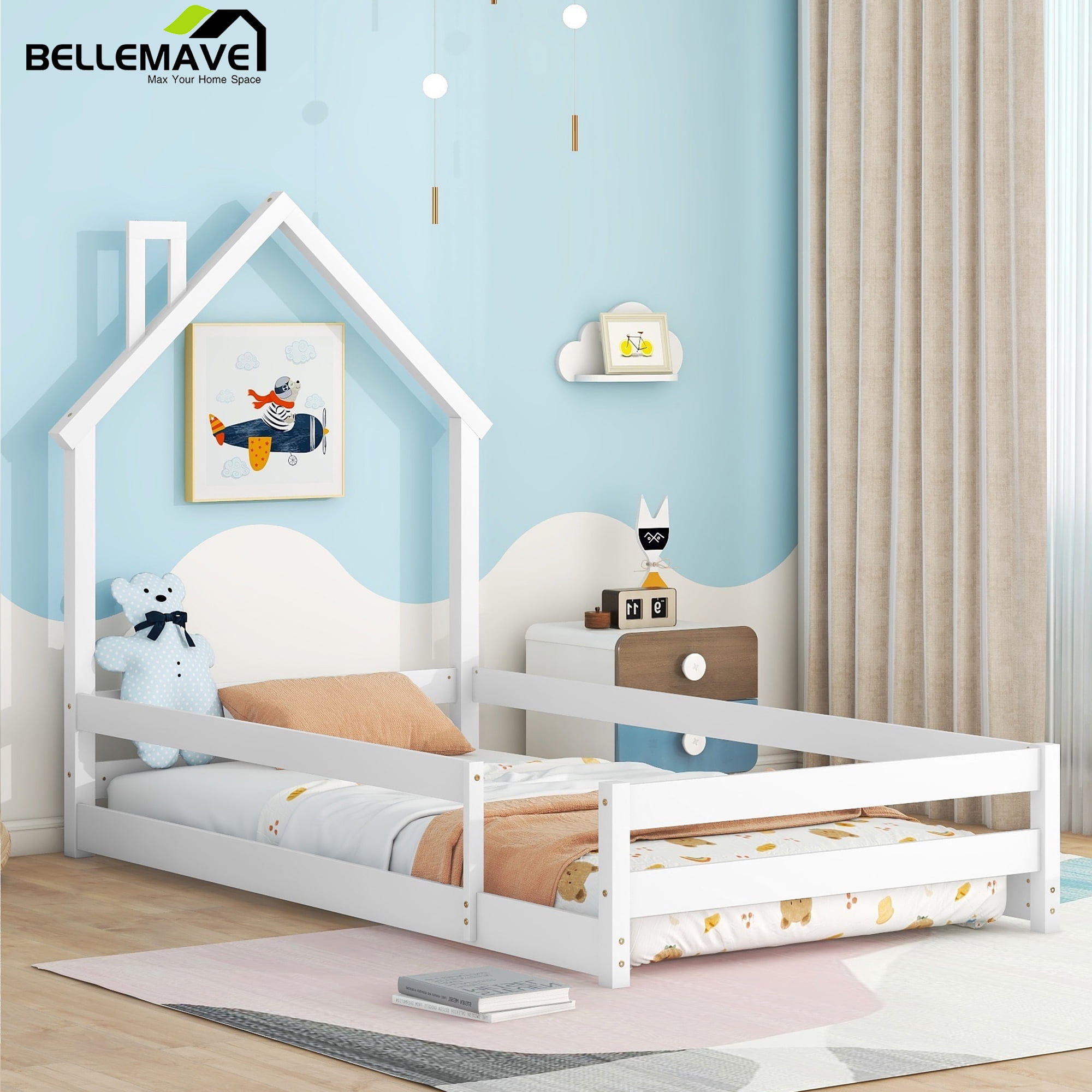 Bellemave Twin Size Floor Bed with House-shaped Headboard and Fence ...