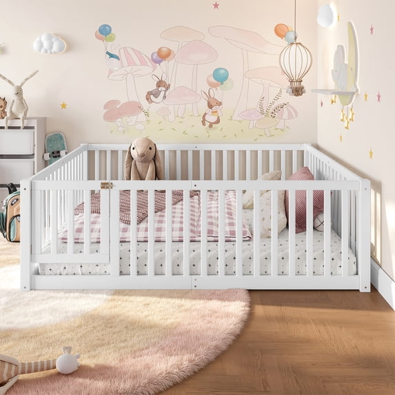 Bellemave Full Size Floor Bed with Door and Fence, Montessori Floor Bed Full, Wood Floor Bed with High Guardrails, White