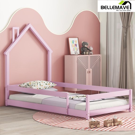 Bellemave Twin Size Floor Bed with House-shaped Headboard and Fence Twin Montessori Floor Bed Frame with Fence Twin House Bed Low Floor Bed, Pink