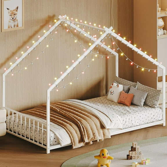 Twin Size Montessori Bed with LED Light Strips, Metal Floor Bed with Headboard and Footboard,Twin House Bed Frame with Slats Support（White)