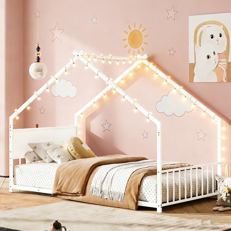 Twin Size Montessori Bed with LED Light Strips, Metal Floor Bed with Headboard and Footboard,Twin House Bed Frame with Slats Support（White)