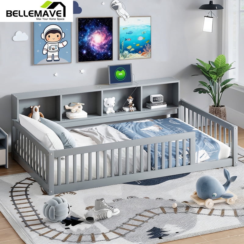 Bellemave Twin XL Size Floor Bed with Storage Cabinet Twin XL Wood Bed Frame with Headboard and Guardrails Twin XL Storage Bed Frame with Charging Station Low Floor Bed, Gray