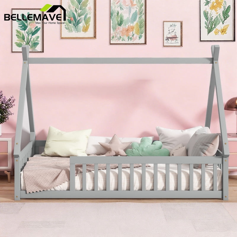 Bellemave Twin Size Floor Bed, Teepee Tent Bed Beds, Twin Montessori Floor Bed with Guardrails, Wood House Bed with Slats, Grey