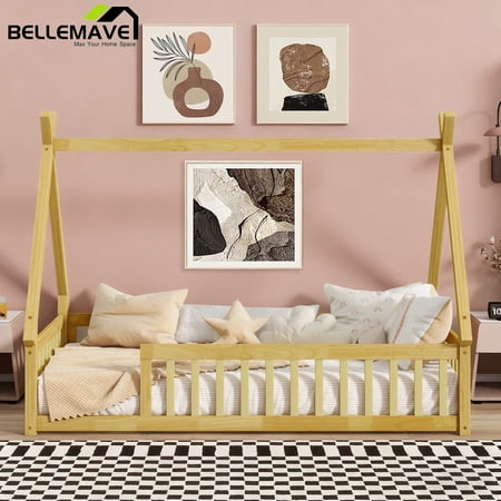 Bellemave Twin Size Floor Bed, Teepee Tent Bed Beds, Twin Montessori Floor Bed with Guardrails, Wood House Bed with Slats, Natural