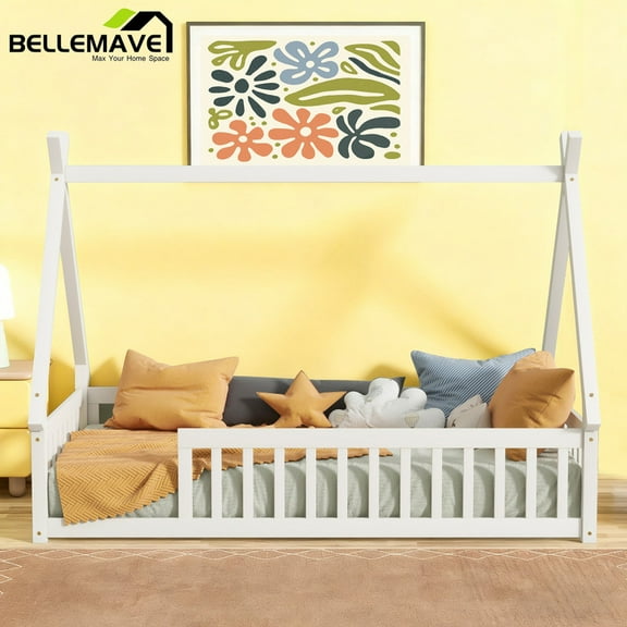 Bellemave Twin Size Floor Bed, Teepee Tent Bed Beds, Twin Montessori Floor Bed with Guardrails, Wood House Bed with Slats, White