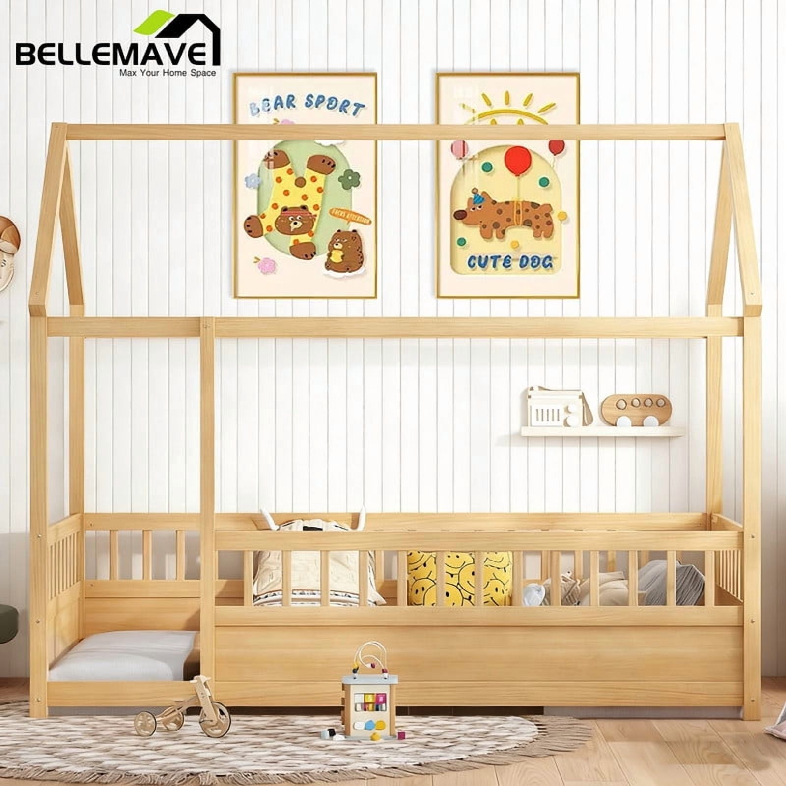 Bellemave Twin Size House Floor Bed, Wooden Twin House Bed with High Fence, Safe Playhouse Montessori Floor Bed with Fence, Natural