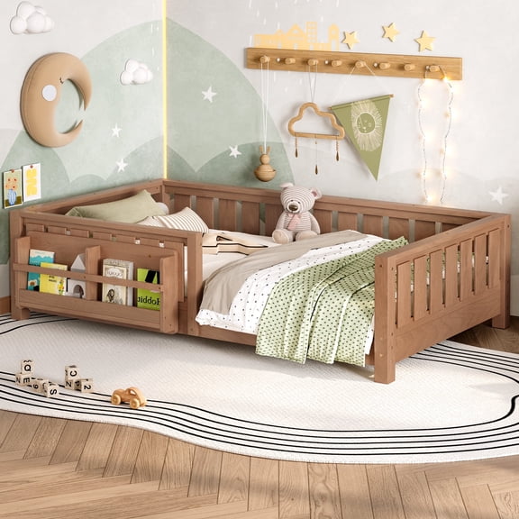 Bellemave Twin Size Floor Bed with Built-in Bookshelf and High Fence, Montessori Wood Bed Frame with Safety Guardrail, Floor Bed for Bedroom, No Box Spring Needed