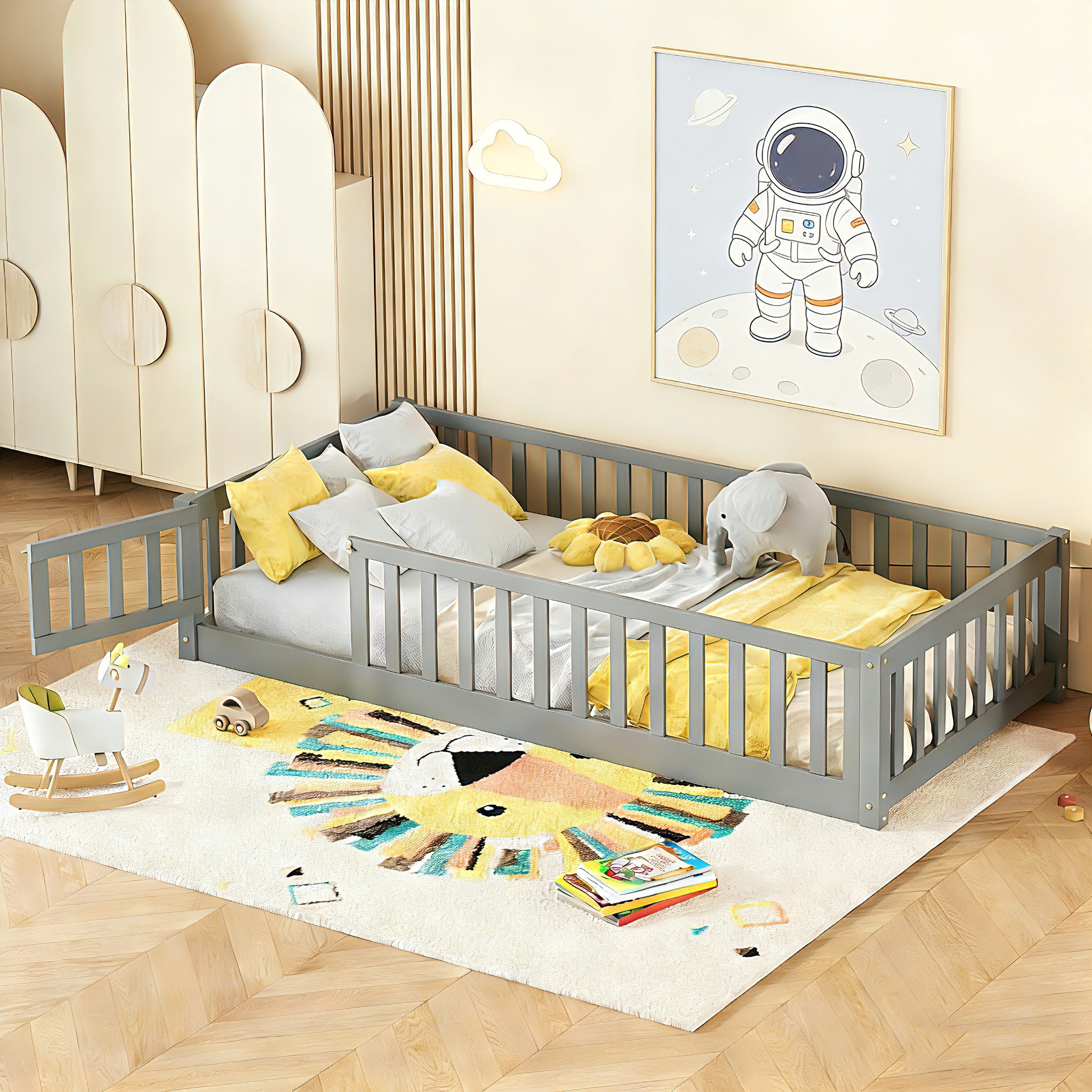 Bellemave Twin Size Floor Beds with Door, Wood Montessori Bed with Fence Railings & Support Slats, No Box Spring Needed (Gray)