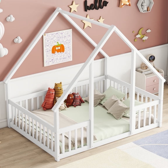 Bellemave Full Size Floor Bed Frame, Wooden House Bed Full Size with Fence, Montessori Bed with Guardrails for Bedroom(White)