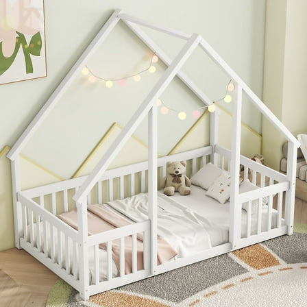 Bellemave Twin Size Floor Bed Frame, Wooden House Bed Twin Size with Fence, Montessori Bed with Guardrails for Bedroom(White)
