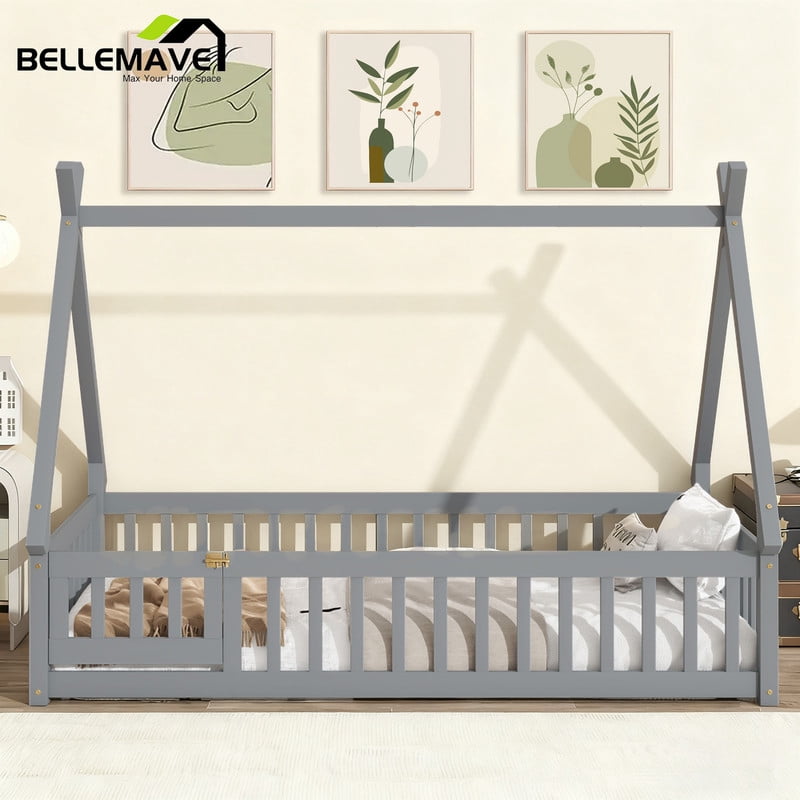 Bellemave Twin Size Floor Bed with Door, Teepee Tent Bed Beds, Twin Montessori Floor Bed with Guardrails, Wood House Bed with Slats, Grey