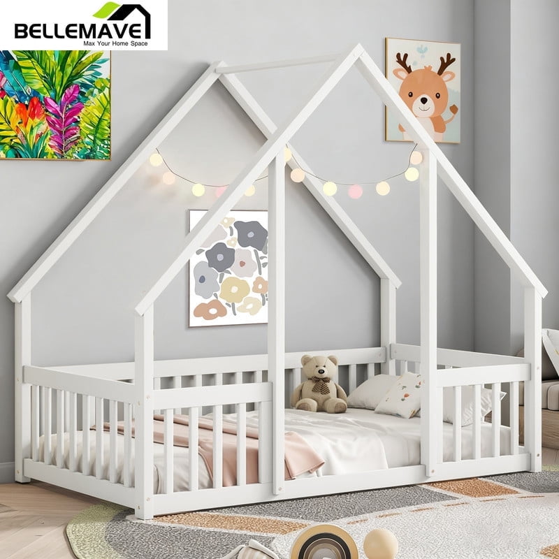 Bellemave Twin Size Floor Bed with House-shaped Roof and Fence Twin ...