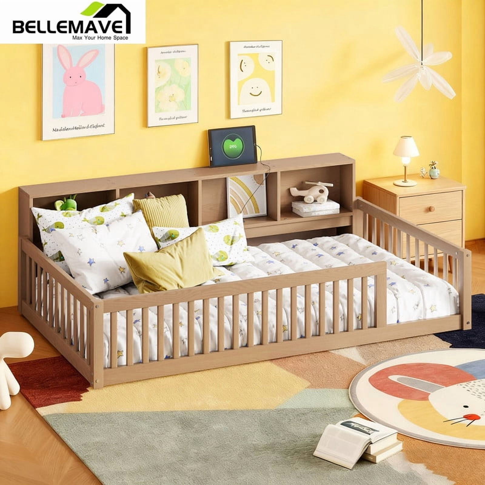 Bellemave Twin XL Size Floor Bed with Storage Cabinet Twin XL Wood Bed Frame with Headboard and Guardrails Twin XL Storage Bed Frame with Charging Station Low Floor Bed, Natural