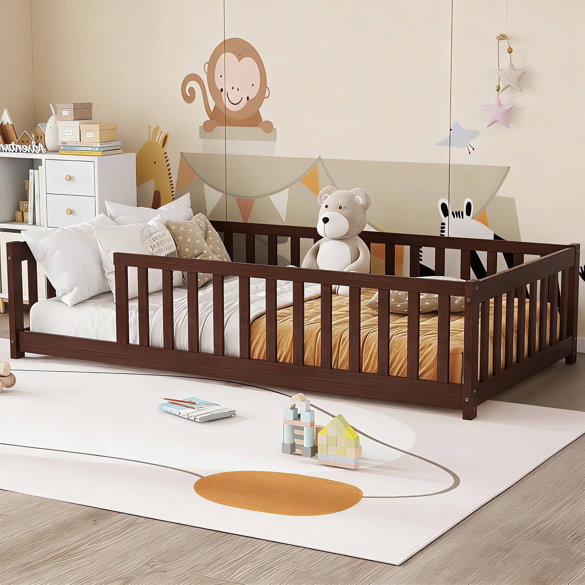 Bellemave Twin Size Floor Beds, Wood Montessori Bed with Fence Railings & Support Slats, No Box Spring Needed (Espresso）