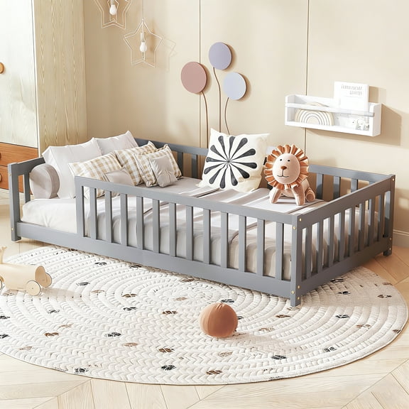 Bellemave Twin Size Floor Beds, Wood Montessori Bed with Fence Railings & Support Slats, No Box Spring Needed (Gray)