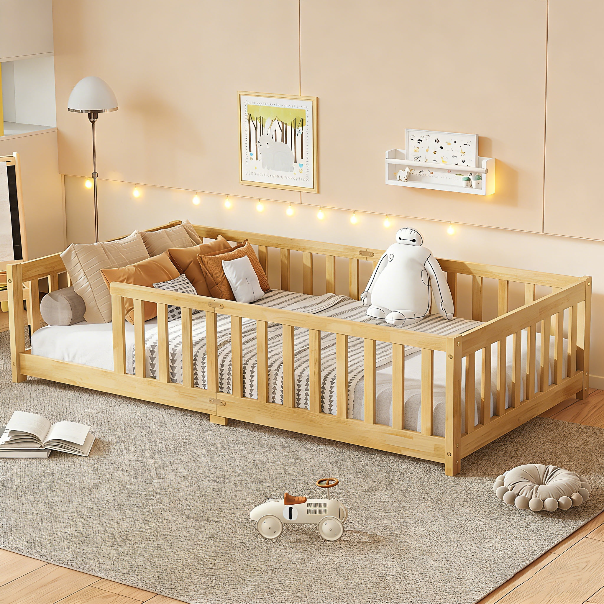 Bellemave Twin Size Floor Beds, Wood Montessori Bed with Fence Railings & Support Slats, No Box Spring Needed (Natural）