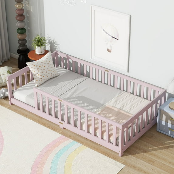 Bellemave Twin Size Floor Beds, Wood Montessori Bed with Fence Railings & Support Slats, No Box Spring Needed (Pink)