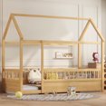 thumbnail image 1 of Bellemave Twin Size Floor House Bed Frame with Fence Guardrails Playhouse Twin Bed Frame Montessori Floor Bed (Twin, Natural), 1 of 10