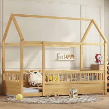 Bellemave Twin Size Floor House Bed Frame with Fence Guardrails Playhouse Twin Bed Frame Montessori Floor Bed for Kids, Toddler, Boys, Girls (Twin, Natural)