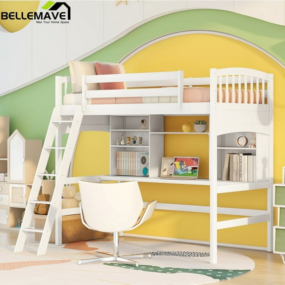 Bellemave Twin Size High Loft Bed with Storage Shelves, Desk and Ladder, Solid Wood Bed frame with Safety Guardrails for Teens,Space Saving Design(White)