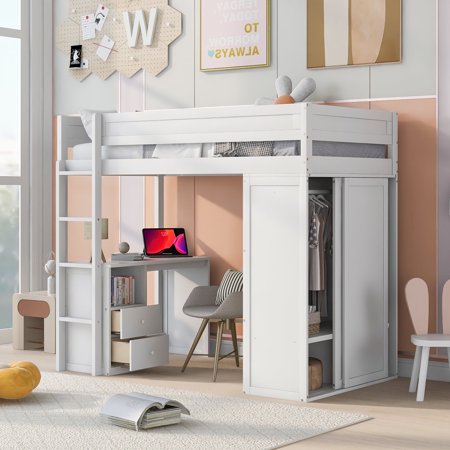 Bellemave Twin Size High Loft Bed with Wardrobe, Desk and Storage Drawers, Solid Wood Loft Bed Frame for Teens (White)