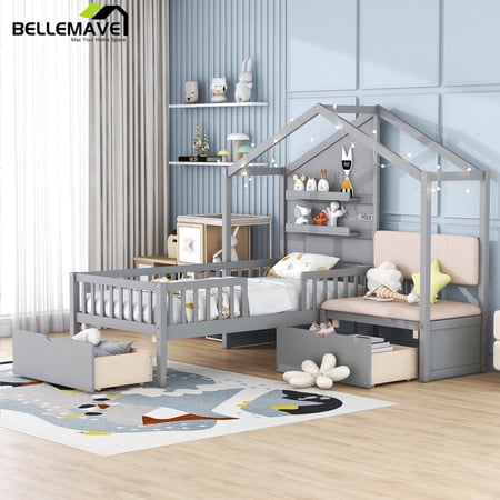Bellemave Twin Size House Bed with Fence, Wireless Charging and Drawers Twin Storage Platform Bed with Upholstered Bench and LED Lights L-shaped Wooden House Bed for Teens, Gray