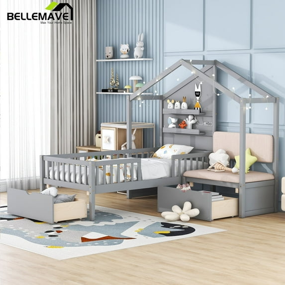 Bellemave Twin Size House Bed with Fence, Wireless Charging and Drawers Twin Storage Platform Bed with Upholstered Bench and LED Lights L-shaped Wooden House Bed for Teens, Gray