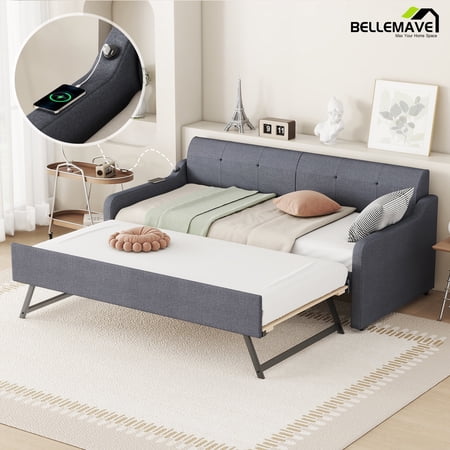 Bellemave Twin Size Upholstery Daybed with Adjustable Trundle and USB Charging Station, Wooden Twin Daybed Sofa Bed with Pop Up Trundle,Can be Flat or Erected(Grey)