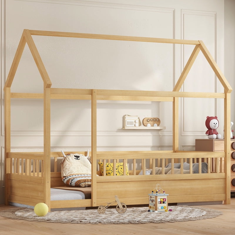 Bellemave Twin Size Montessori Bed, Wood Twin House Beds with Fence, Floor Bed with Roof for Bedroom Playroom（Natural）