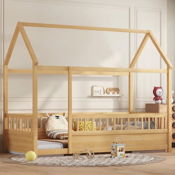 Bellemave Twin Size Montessori Bed, Wood Twin House Beds with Fence, Floor Bed with Roof for Bedroom Playroom(Natural)