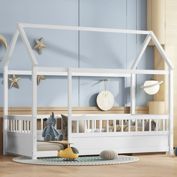 Bellemave Twin Size Montessori Bed, Wood Twin House Beds with Fence, Floor Bed with Roof for Bedroom Playroom(White)