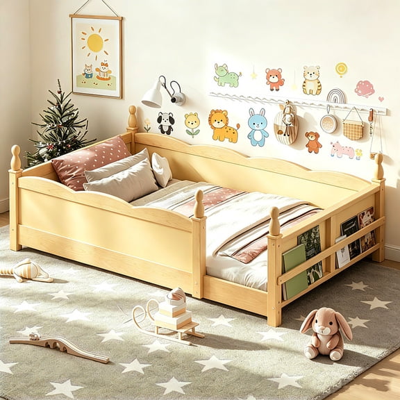 Bellemave Montessori Twin Floor Bed with Bookshelf, Solid Wood Kids Twin Size Bed Frame with Rail and Slats, No Box Spring Needed (Natural)