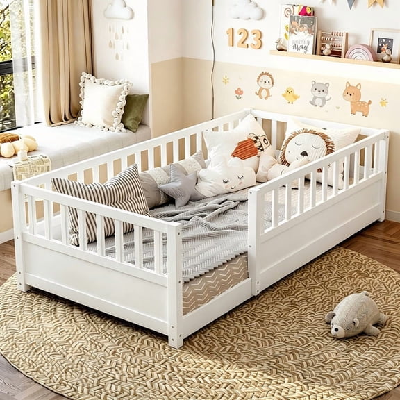 Bellemave Twin Size Floor Bed, Twin Montessori Bed Frame with High Fence Rails, Solid Wood Twin Beds Frame, Easy Assembly Platform Beds,White