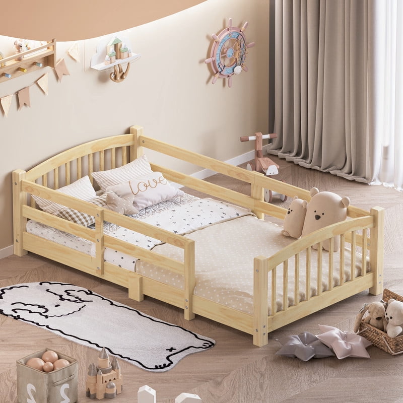 Bellemave Twin Floor Bed with Safety Guardrails, Montessori with Rails and Openings, Twin Size Bed Frame with Fence and Slats, No Box Spring Needed（Natural)
