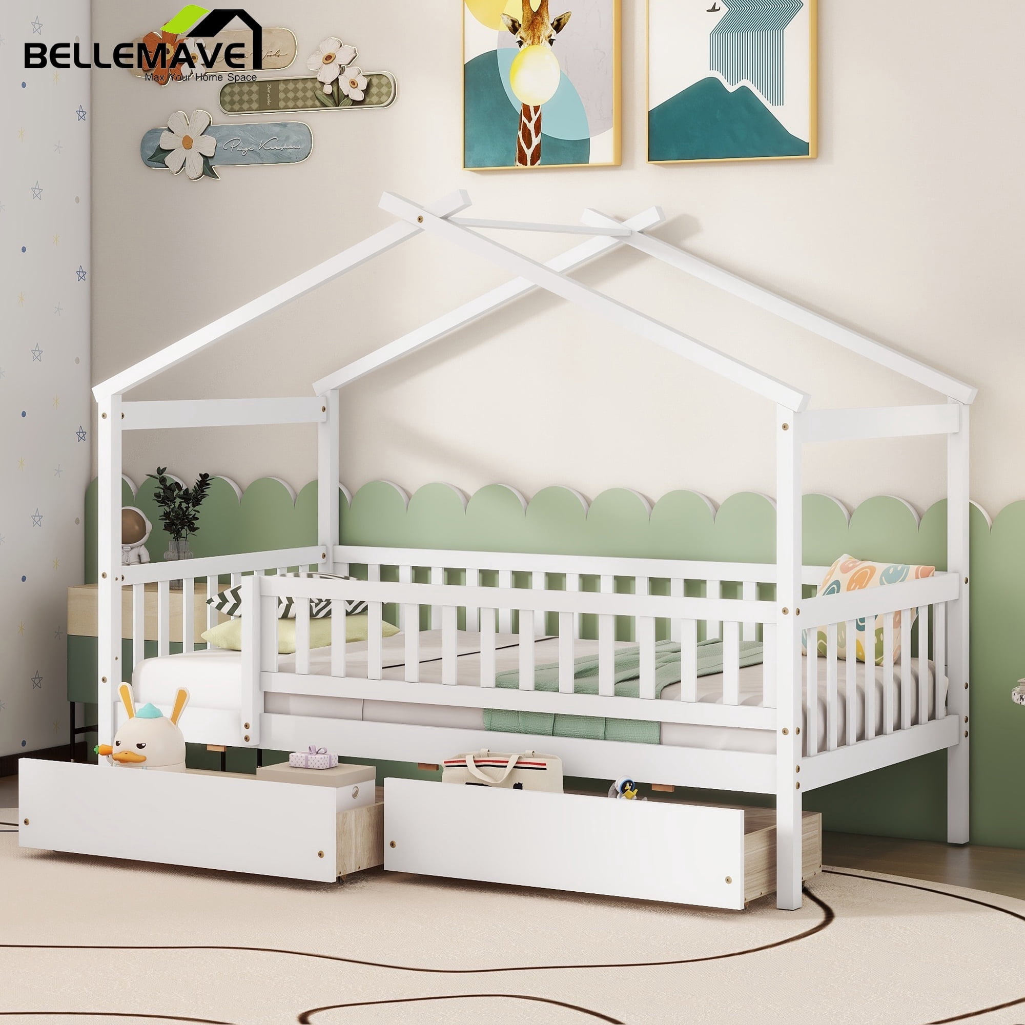 Bellemave Twin Size House Bed with Storage Drawers Playhouse Platform Bed Wooden House-shaped Bed Frame with Fence Guardrail (Twin size, White)
