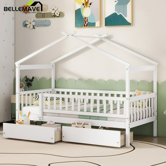 Bellemave Twin Size House Bed with Storage Drawers Playhouse Platform Bed Wooden House-shaped Bed Frame with Fence Guardrail (Twin size, White)