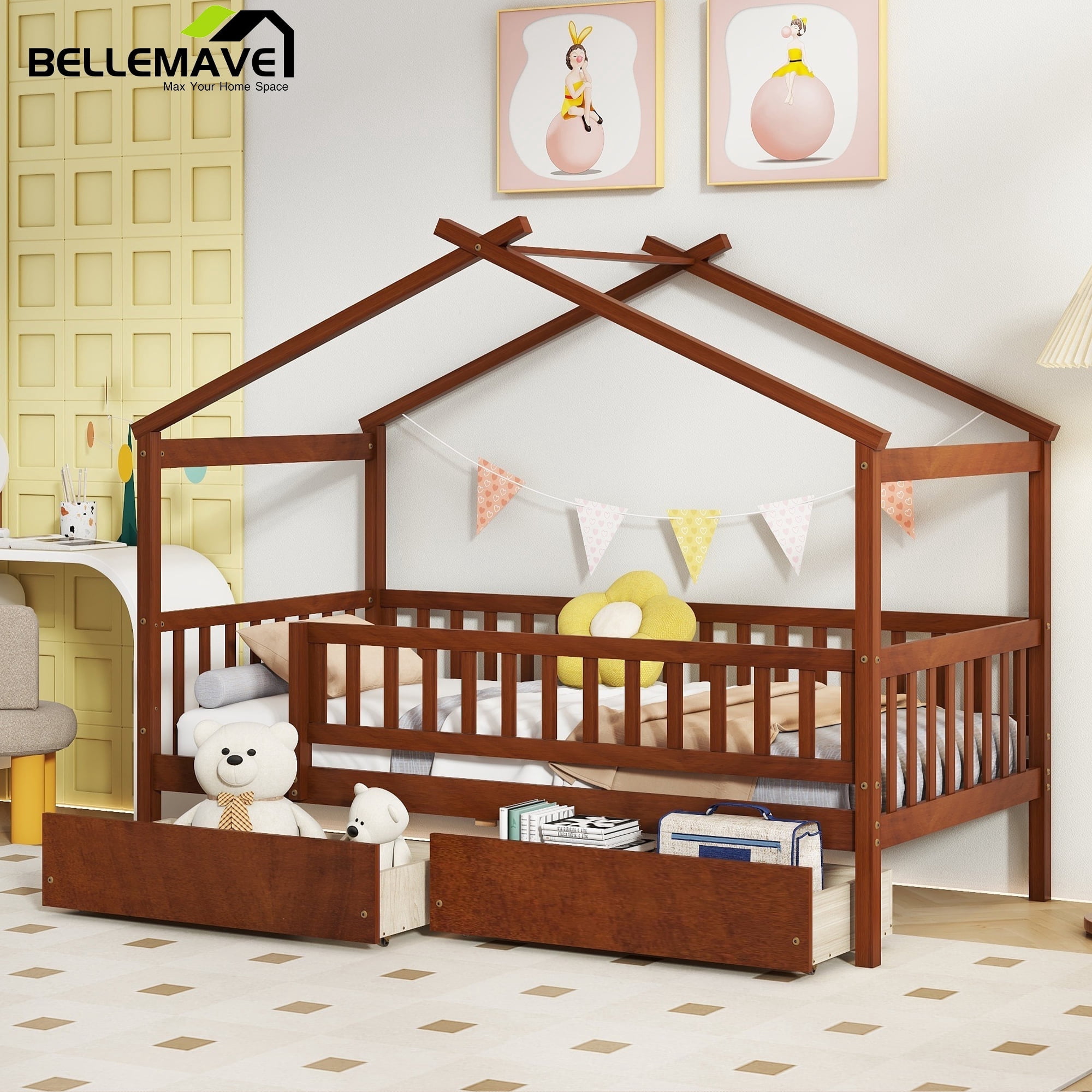 Bellemave Twin Size House Bed with Storage Drawers Playhouse Platform Bed Wooden House-shaped Bed Frame with Fence Guardrail (Twin size, Walnut Brown)