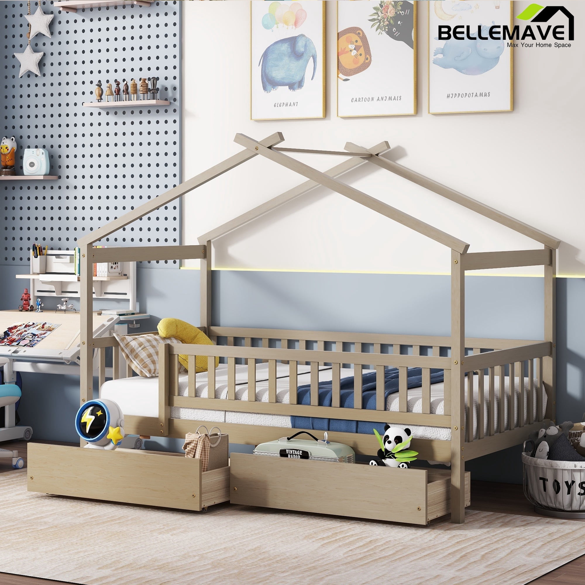 Bellemave Twin Size House Bed with Storage Drawers Playhouse Platform Bed Wooden House-shaped Bed Frame with Fence Guardrail (Twin size, Natural Brown)
