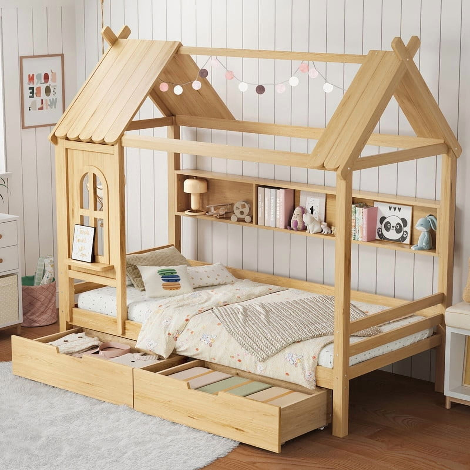 Bellemave Twin Size House Bed with Storage Drawers, Wooden Montessori Bed with Shelves and Fence Rails, Twin Bed Frame with Window for Bedroom, No Box Spring Needed,Natural