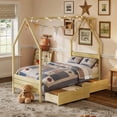 thumbnail image 1 of Bellemave Twin Size Montessori Bed with Storage Drawers, Wooden House Bed with Headboard, Twin Platform Bed Frame with Roof for Kids, No Box Spring Needed, Natural, 1 of 10