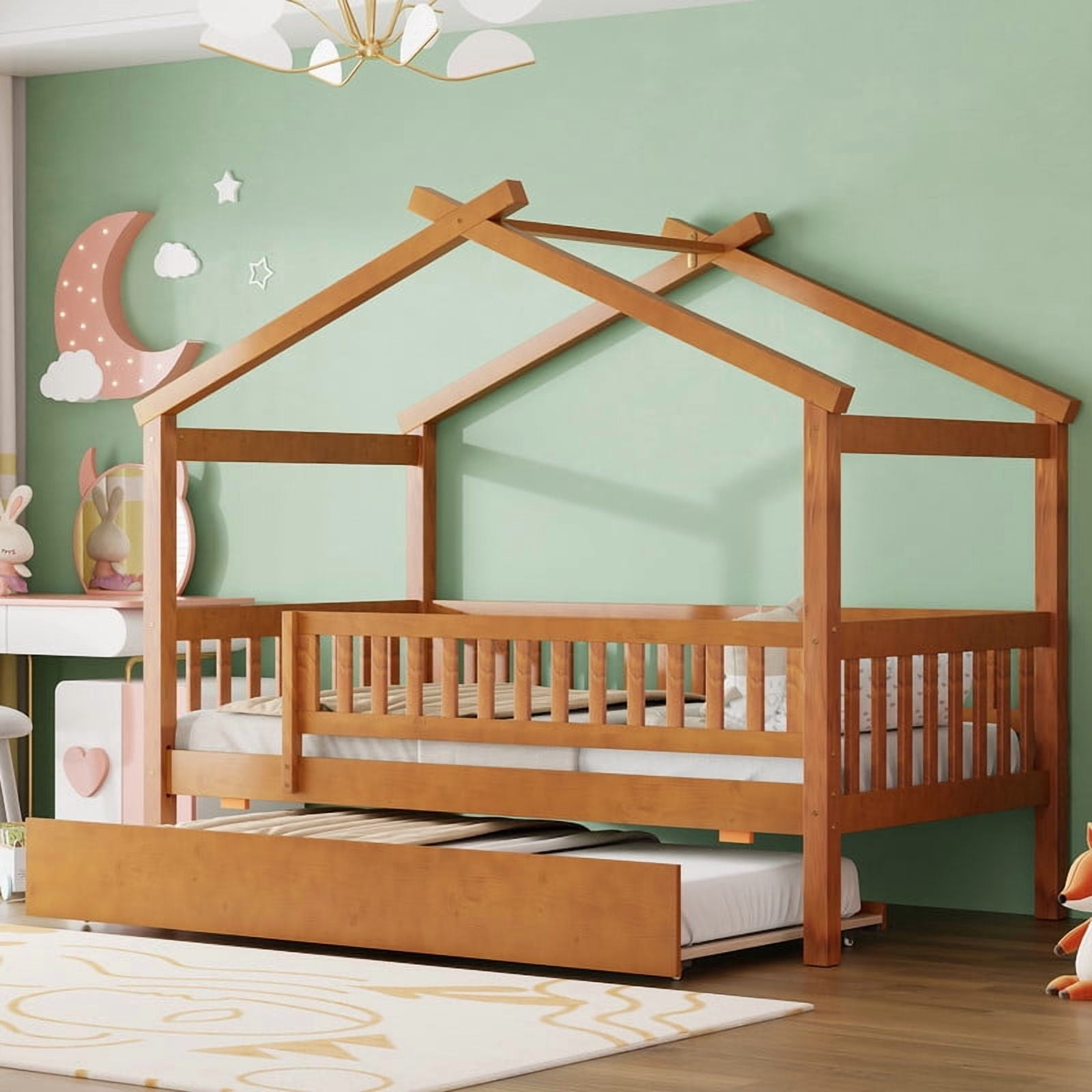 Bellemave Twin Size House Bed with Trundle Playhouse Platform Bed Wooden House-shaped Bed Frame with Fence Guardrail and Roof Tent Beds for Teens(Walnut, Twin Size)