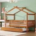 thumbnail image 1 of Bellemave Twin Size House Bed with Trundle Playhouse Platform Bed Wooden House-shaped Bed Frame with Fence Guardrail and Roof Tent Beds for Teens(Walnut, Twin Size), 1 of 14