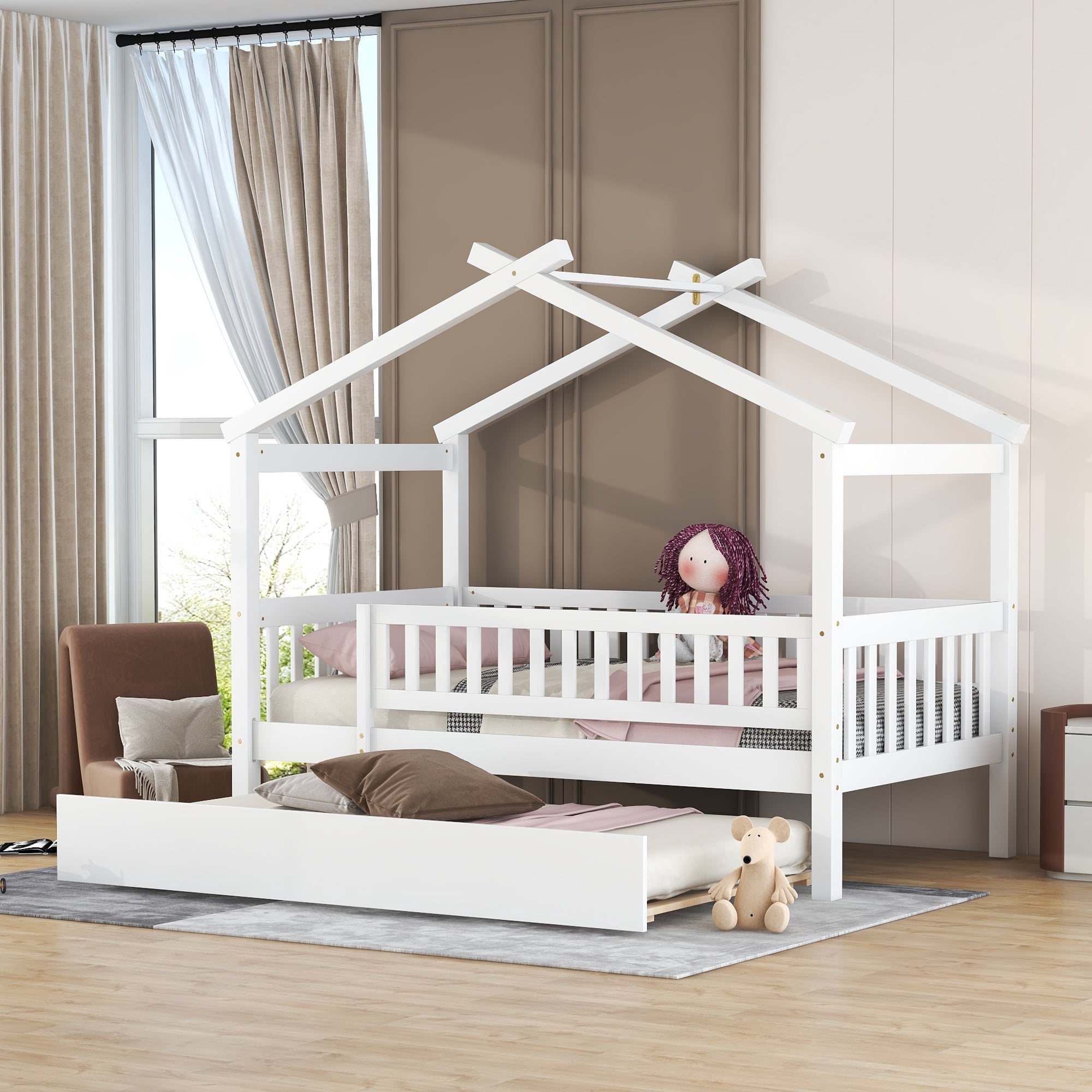 Bellemave Twin Size House Bed with Trundle Playhouse Platform Bed Wooden House-shaped Bed Frame with Fence Guardrail and Roof Tent Beds for Teens(White, Twin Size)