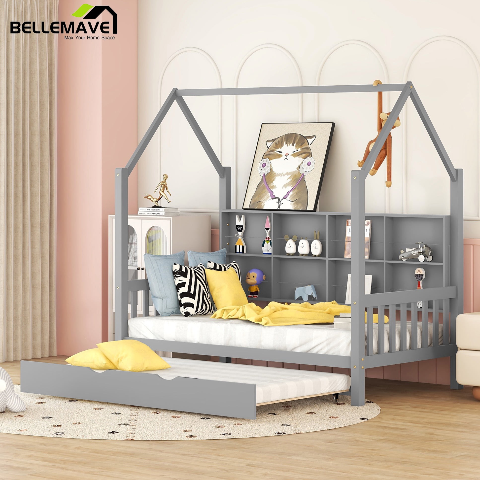 Bellemave Twin House Bed With Trundle – Montessori Wood Frame, No Box Spring Needed