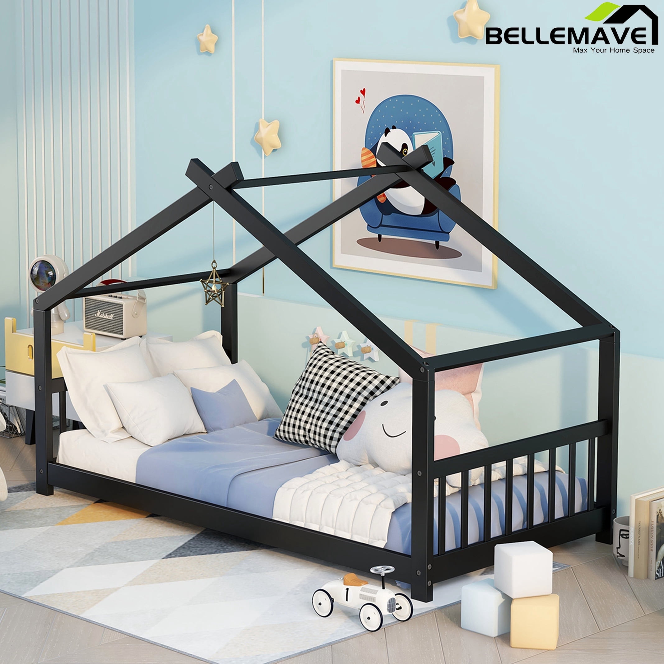 Bellemave Twin Size House Bed,Wood Platform Bed with Headboard and Footboard, House Floor Bed with Roof and Slat (Espresso,Twin)