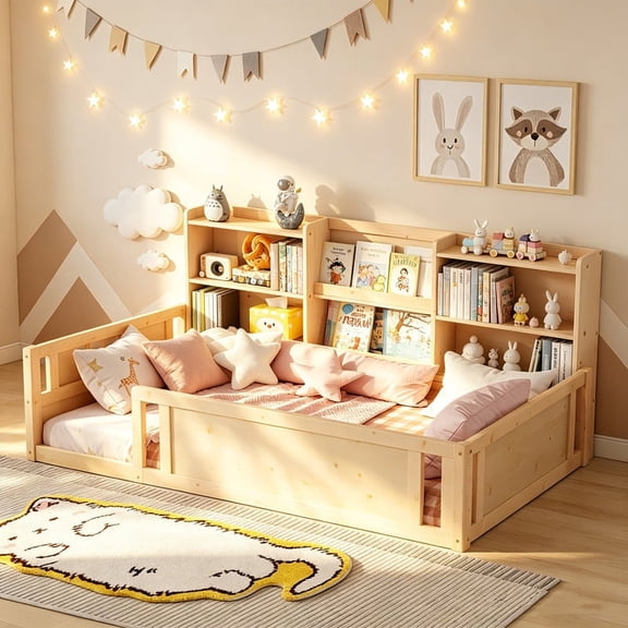 Bellemave Twin Size Montessori Bed with Storage Bookshelf, Wood Floor Bed Frame with High Safety Rails, Low Profile Kids Bed for Toddler Boys and Girls (Natural)
