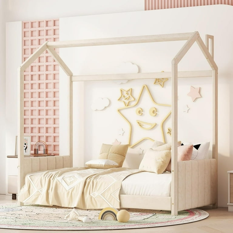 Bellemave Twin Size House Bed for Kids Velvet Montessori Floor Bed with Headboard Footboard Twin Bed Frame for Toddlers Girls Boys Twin Beige Walmart